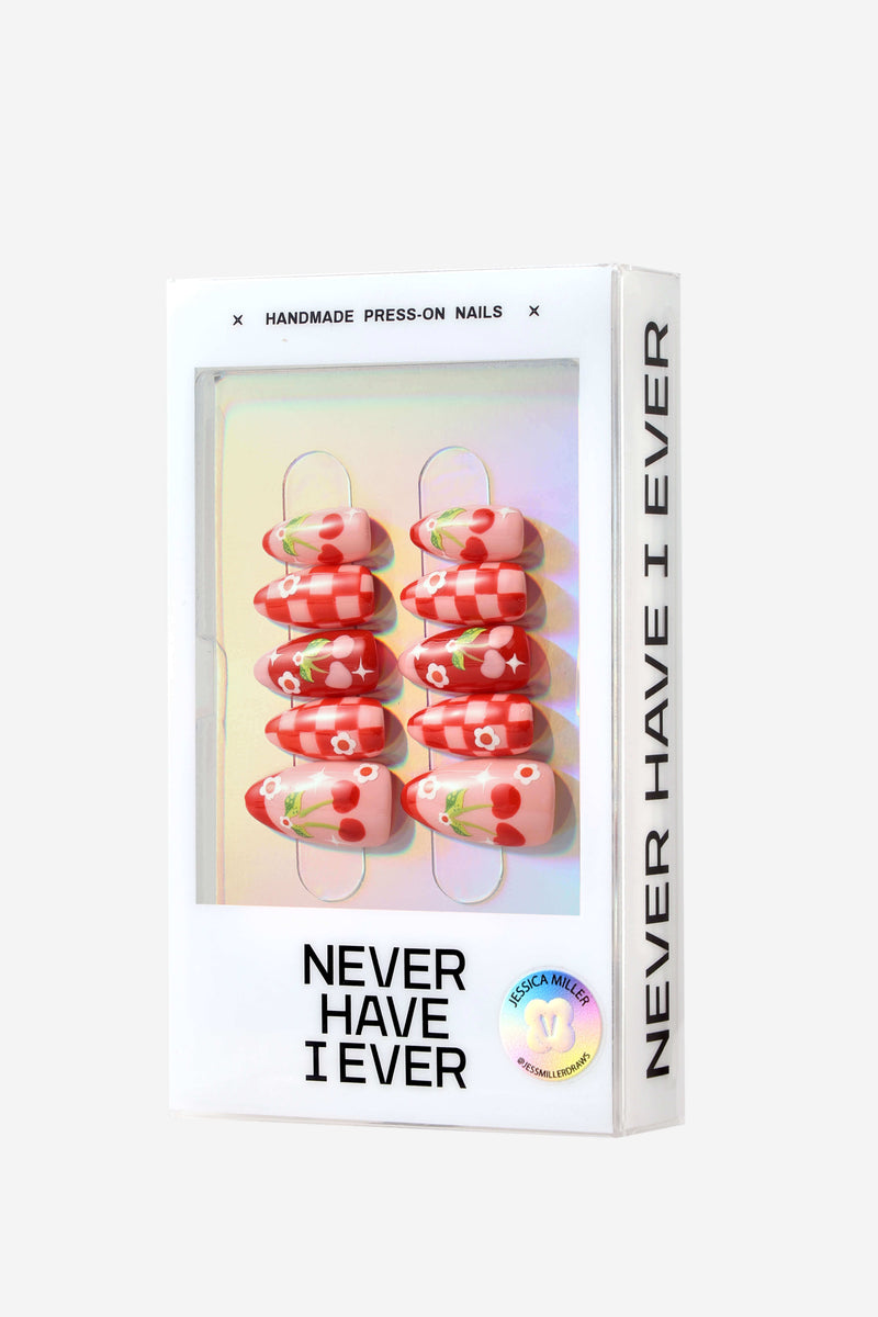 Checkered Cherries Press-On Nails | Reusable Handmade Set – NEVER
