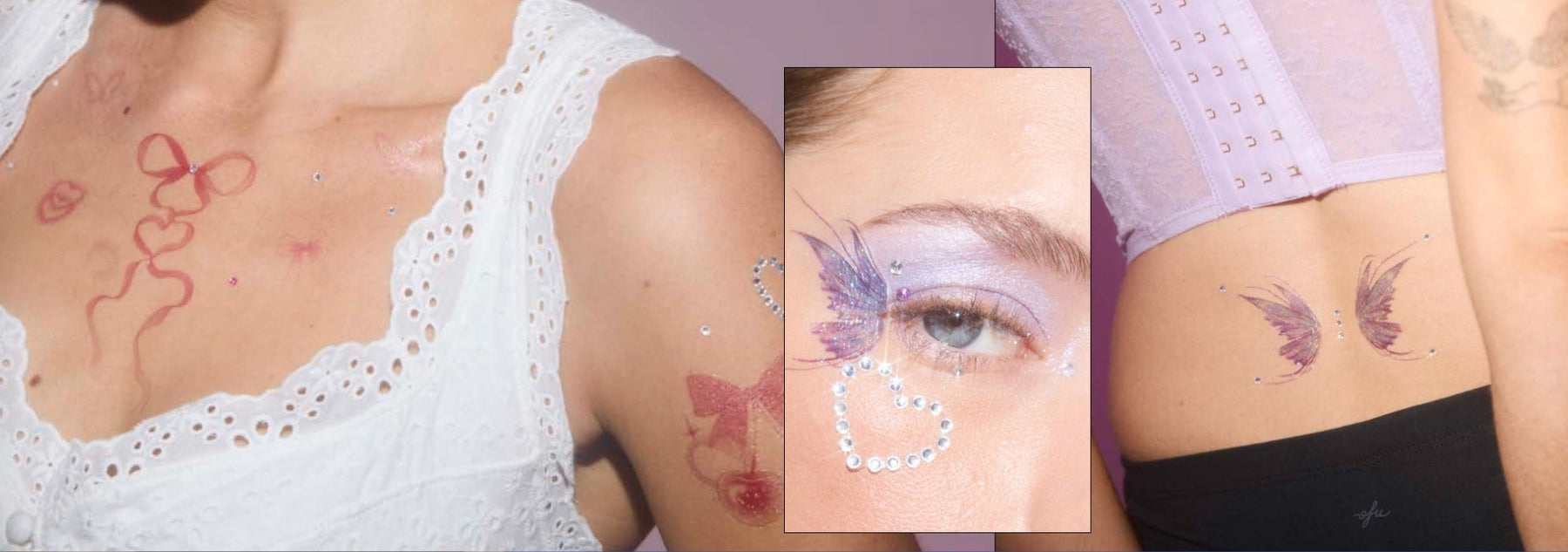 A collage of feminine temporary tattoos and makeup featuring pink bows, butterflies, and gems.