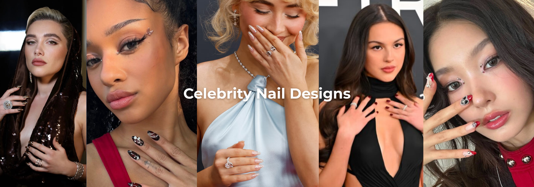 Collage of five female celebrities showcasing various nail designs.