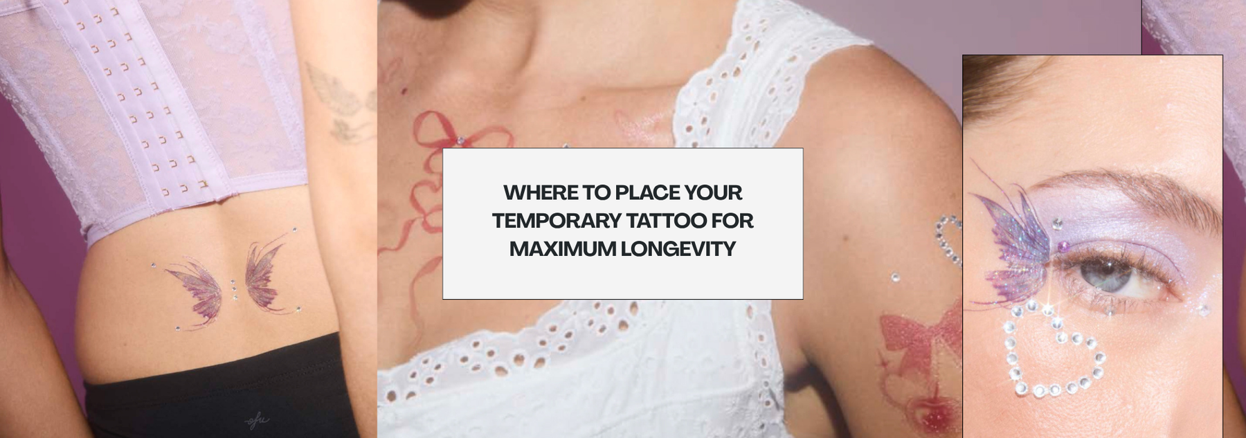 Collage of temporary tattoos on back, chest, and face with text about tattoo placement longevity.
