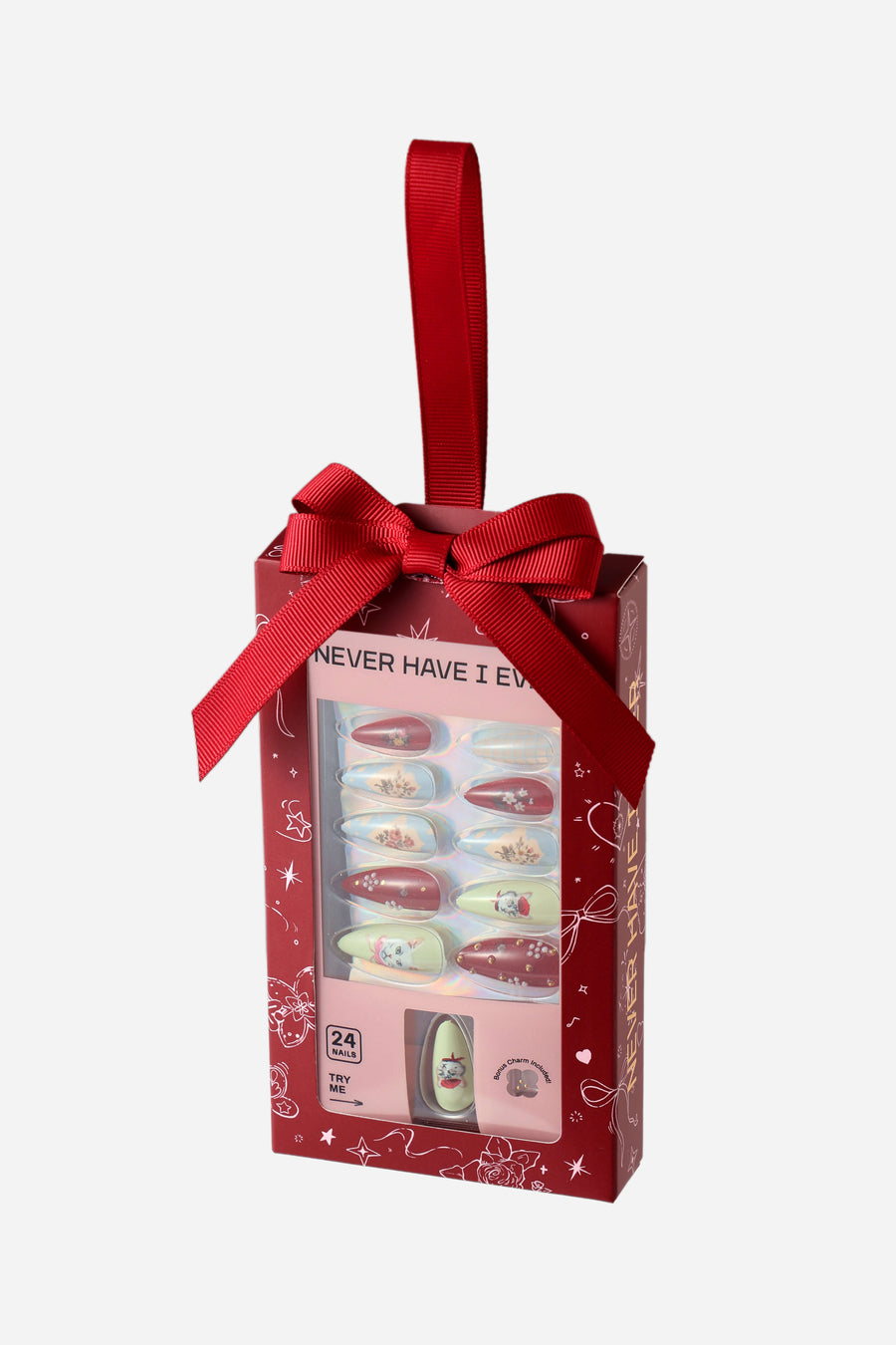 Cat Collage almond press-on nails set with red ribbon packaging.