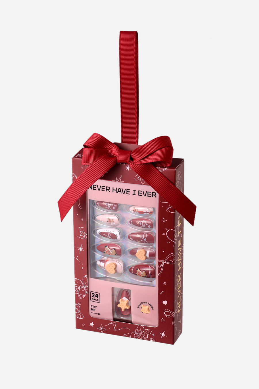 BEAR YUMMY almond press-on nails gift box with red ribbon and bow.