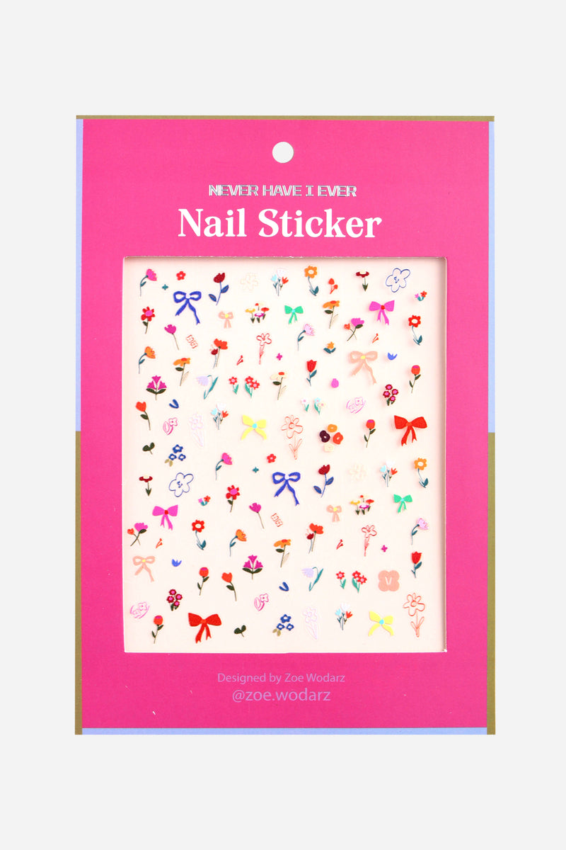 Nail Sticker by Zoe Wodarz featuring colorful floral designs and bows.