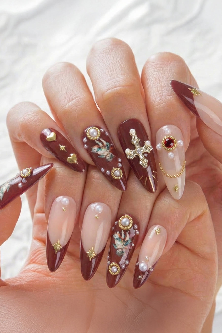 BURGUNDY CHERUB - Red French Tip Press On Nails 