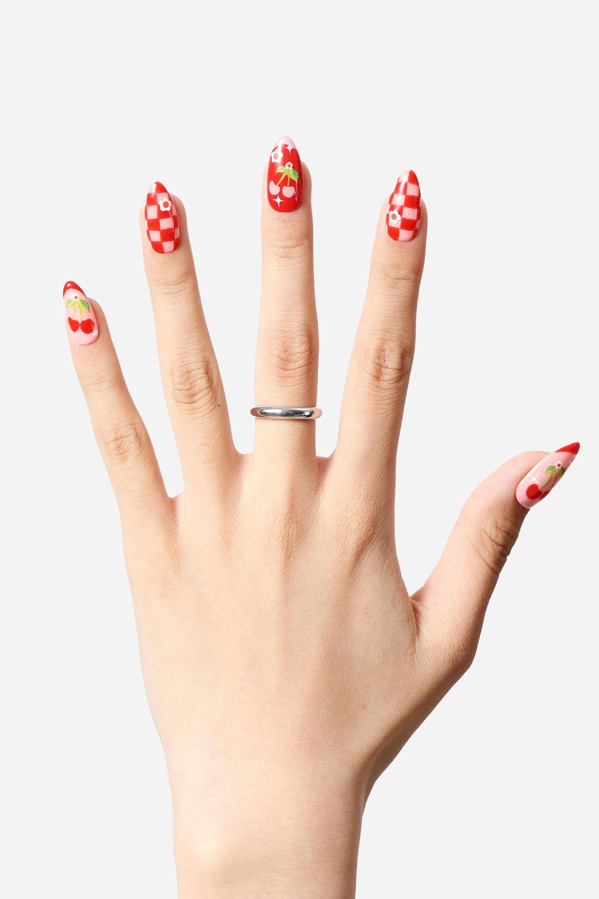 Checkered Cherries Press-On Nails | Reusable Handmade Set – NEVER