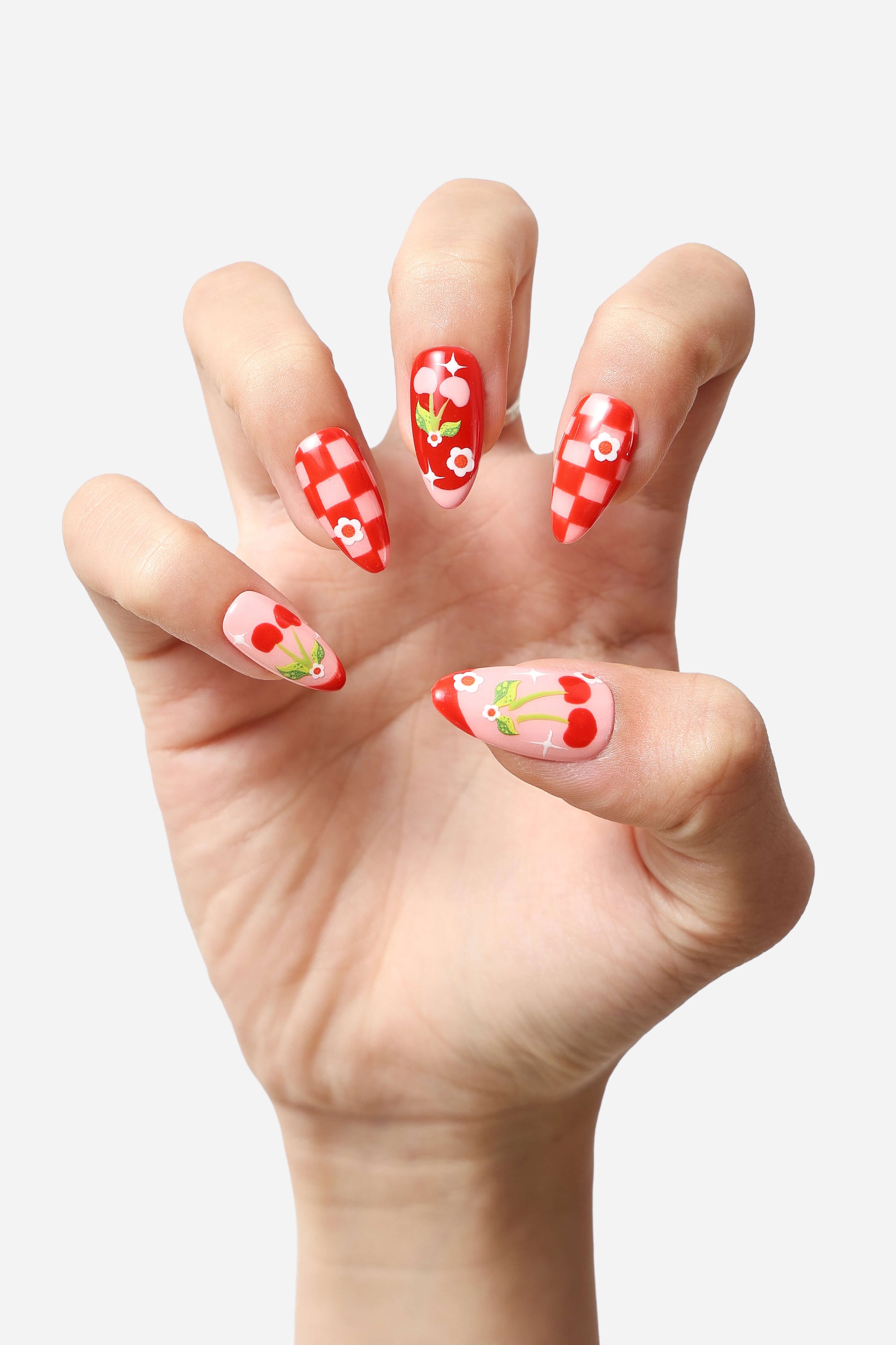 Checkered Cherries Press-On Nails | Reusable Handmade Set – NEVER