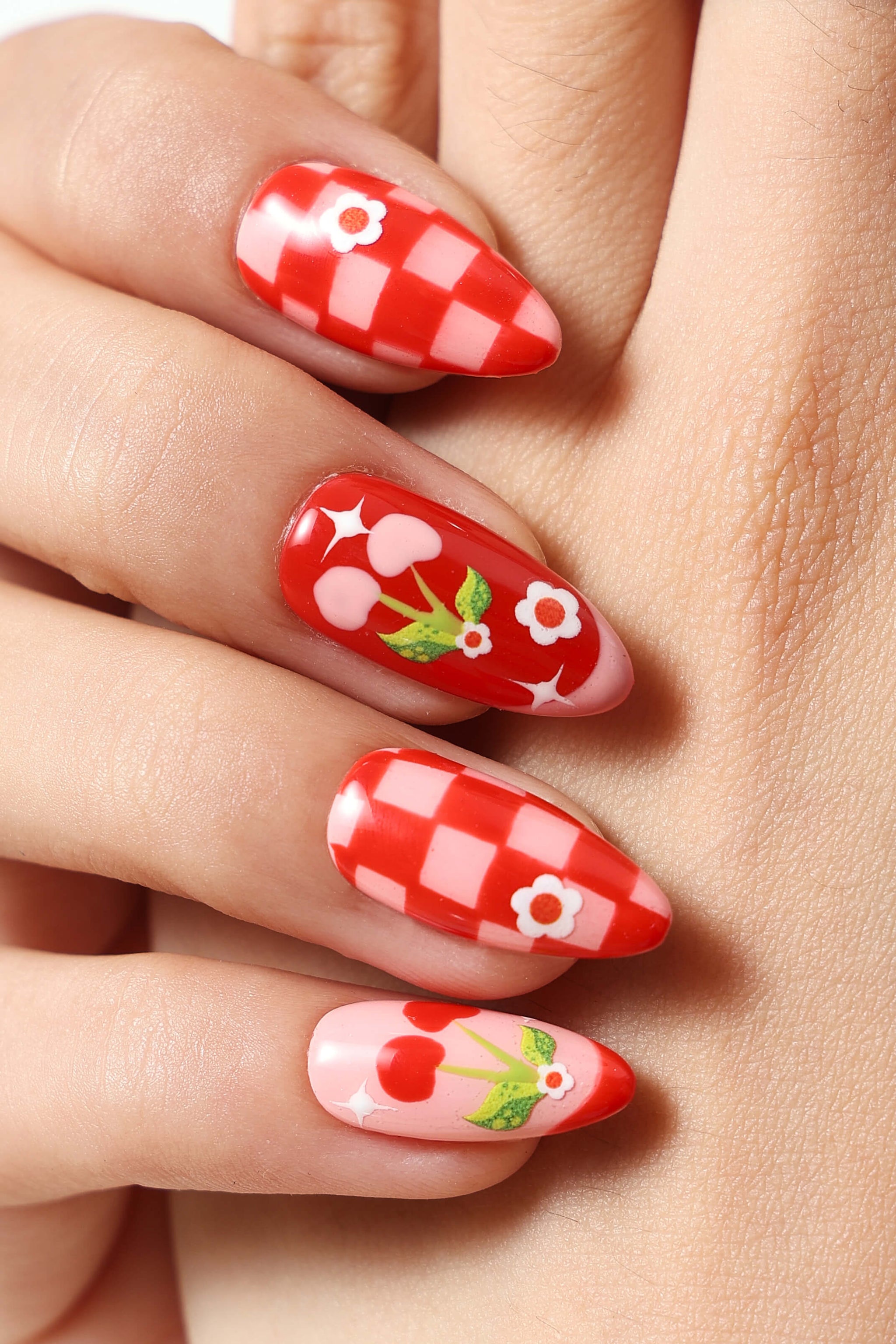 Checkered Cherries Press-On Nails | Reusable Handmade Set – NEVER
