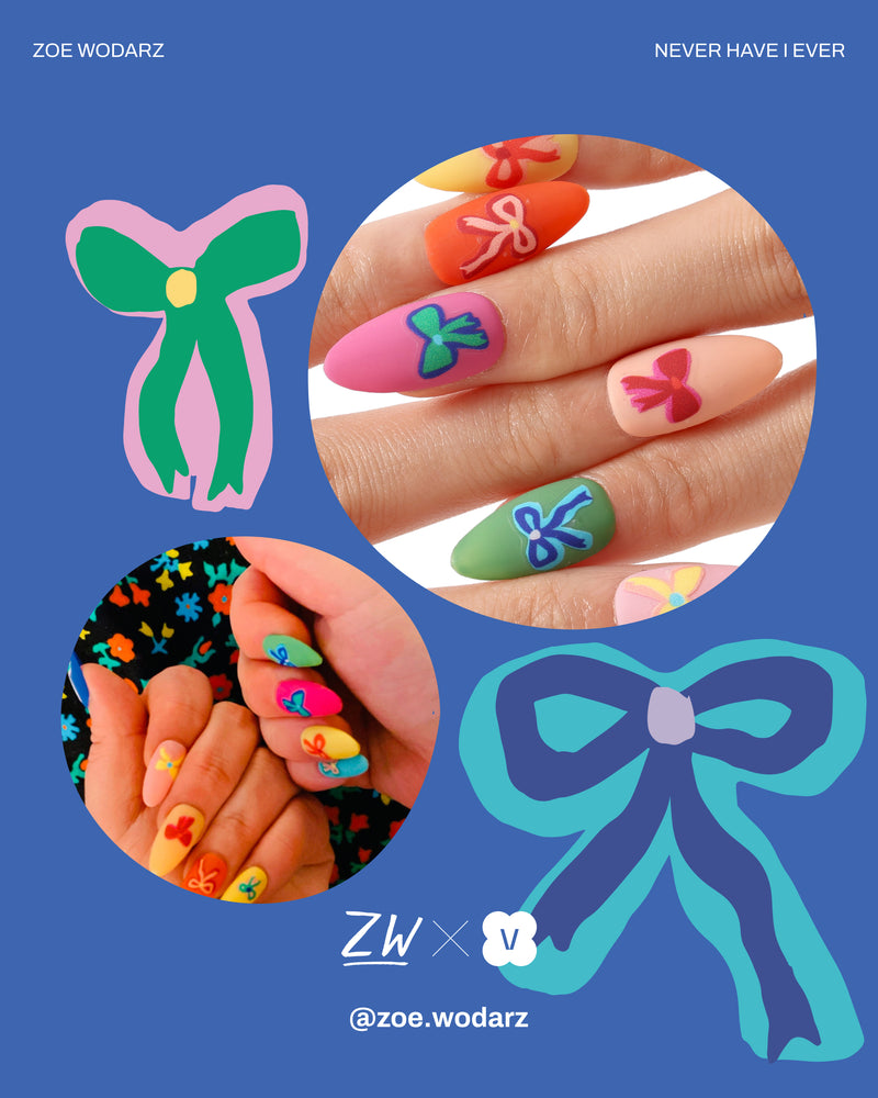 Press-on nails with playful bow designs in various colors like pink, green, and orange, featuring Zoe Wodarz's art.