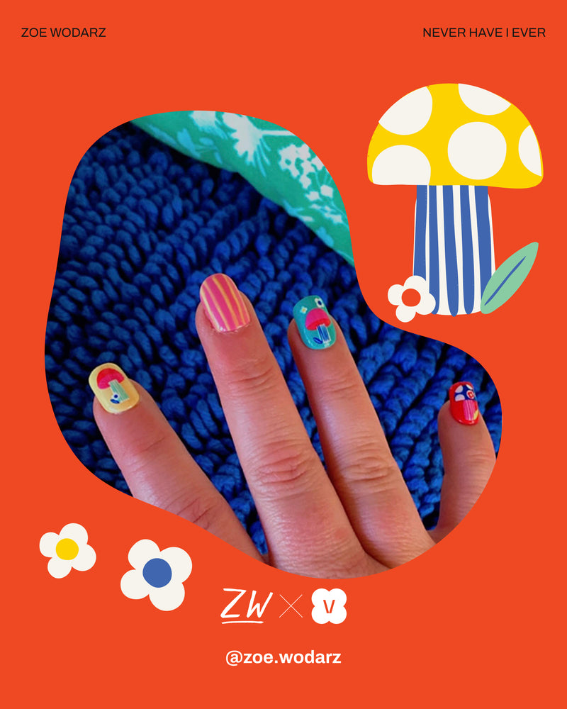 Alice in Wonderland-inspired press-on nails with mushroom, stripes, and character designs on orange background.