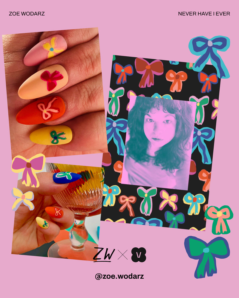 Zoe Wodarz press-on nails with colorful bow and flower designs. Artist collaboration.